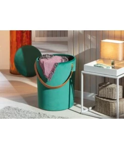 Pouf "secchiello" in velluto verde con maniglia, 35x35x45 cm